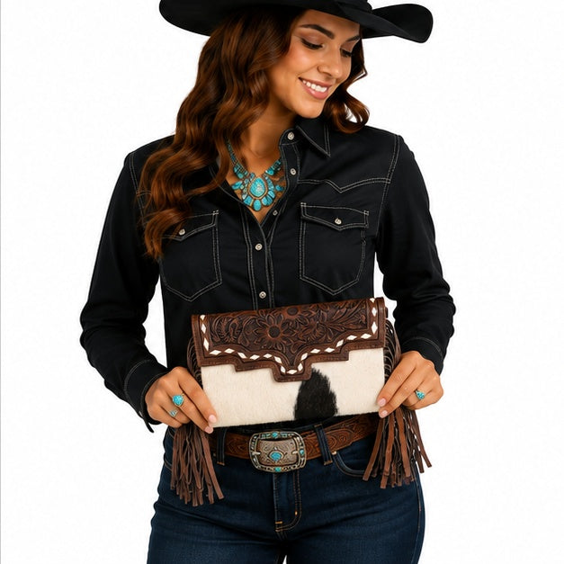 Whiskey Rose Clutch | Hair-On Hide Western Fringe Bag